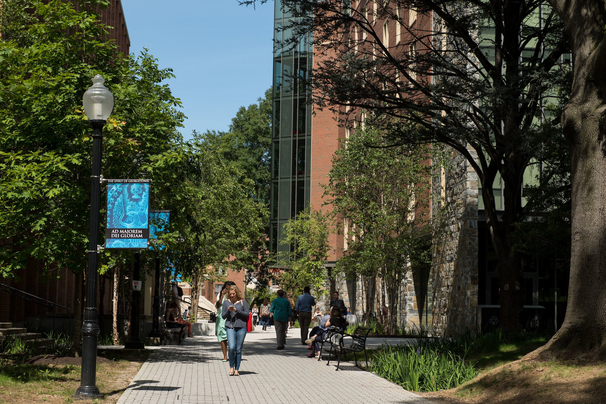 students with backpacks walking to class in an idyllic tree lined area