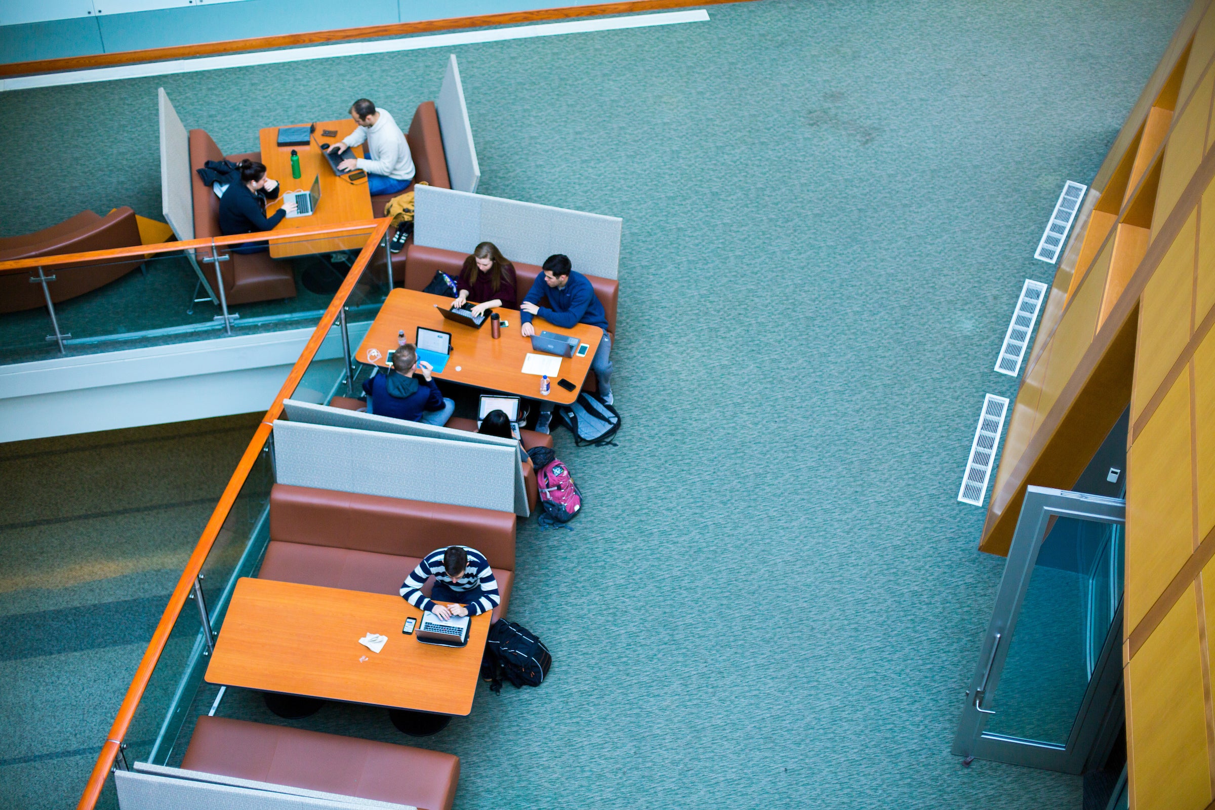 aerial view of study booths with students