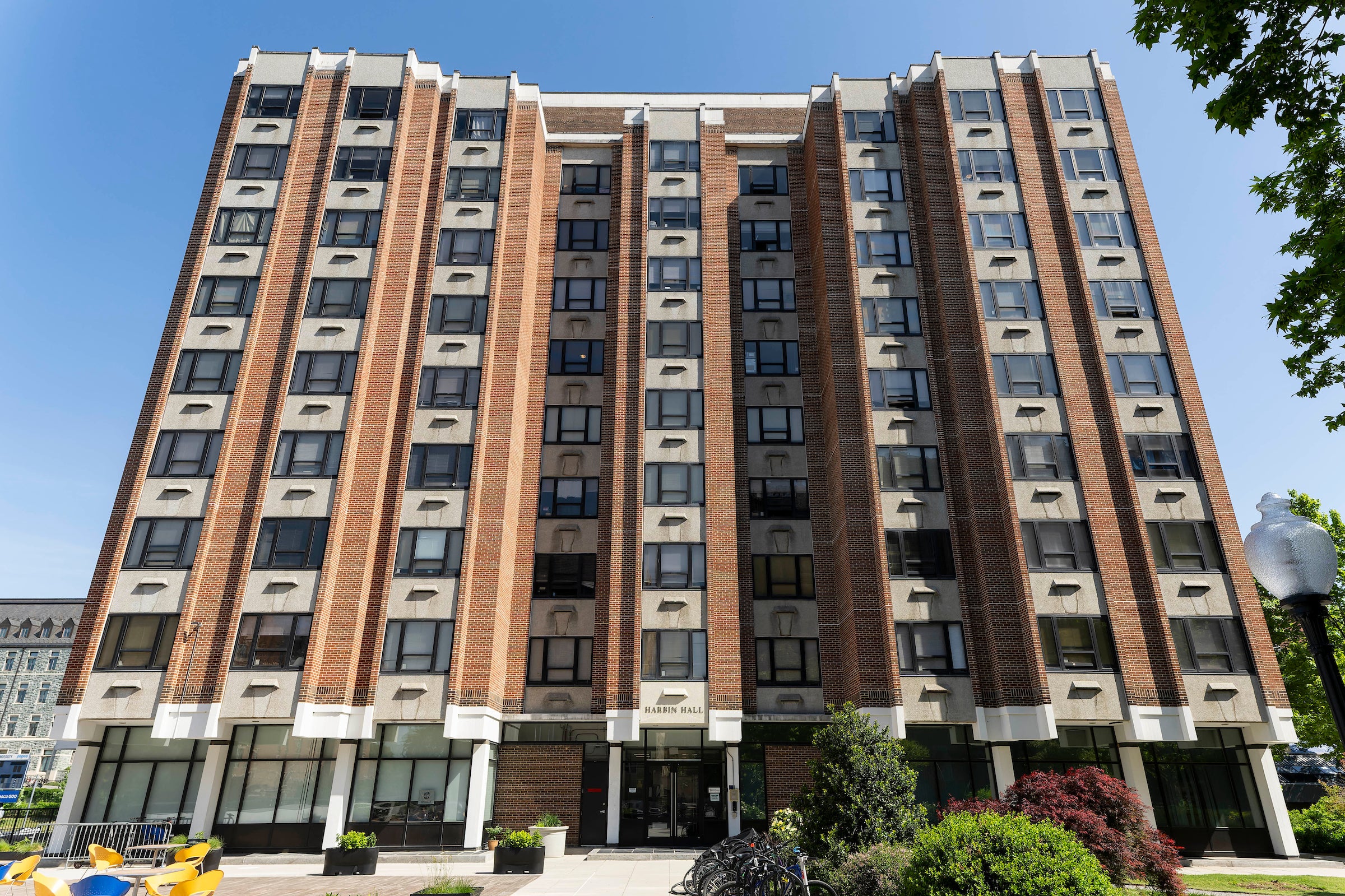 10 story brick building with windows
