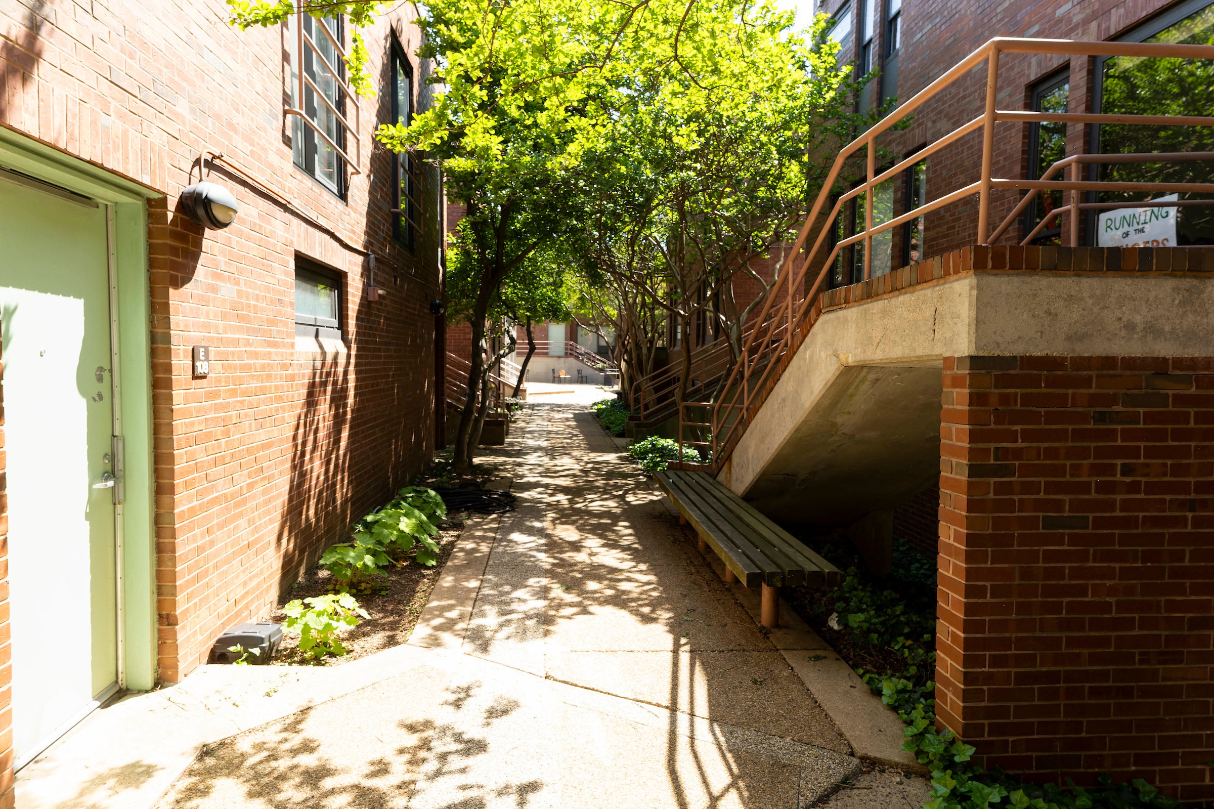Brick apartment buildings and trees divided by a sidewalk