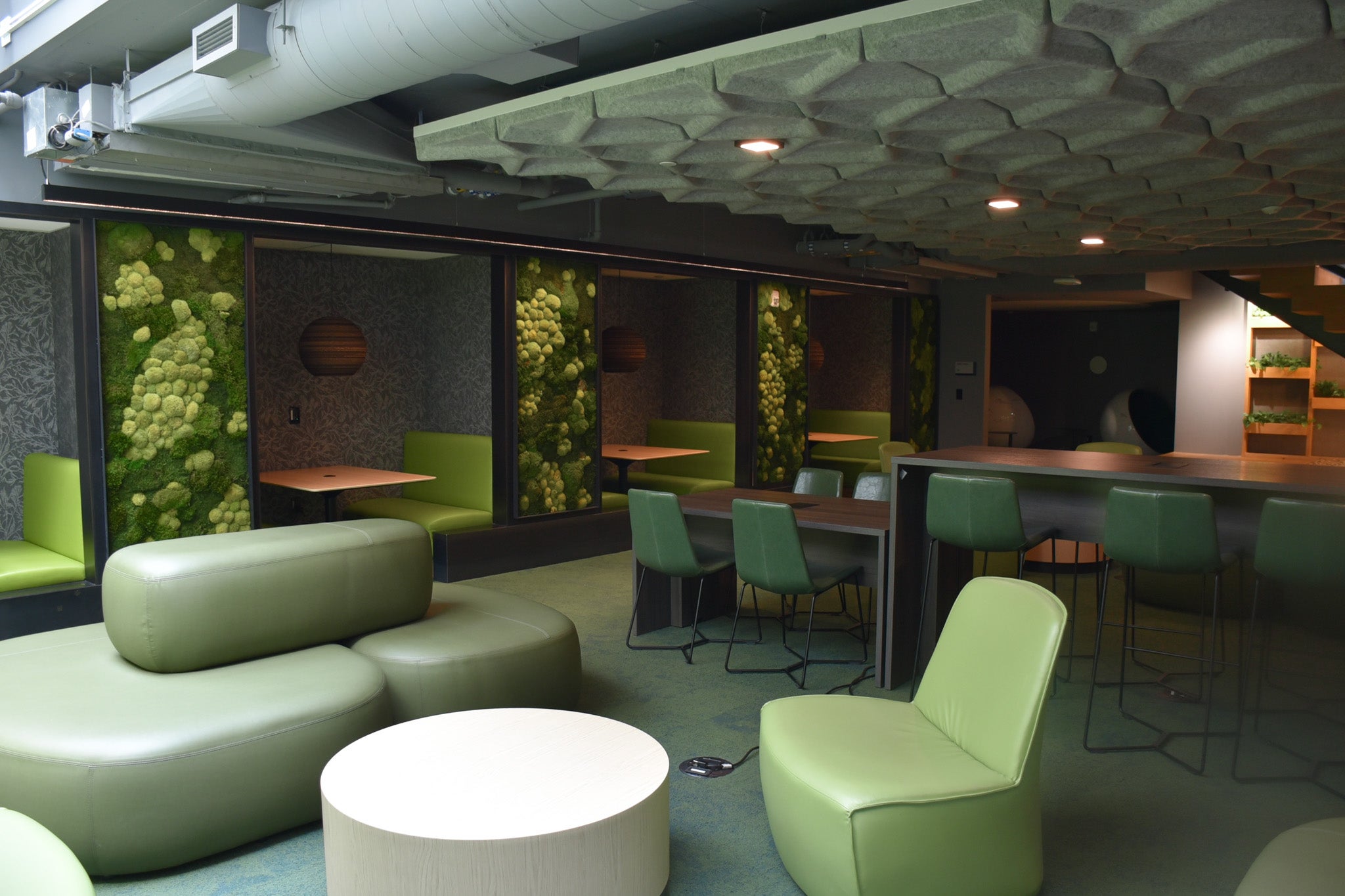 The common space of Byrnes & Hayden Halls featuring comfortable green seating, study booths, and moss walls.